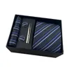 Cravatte da uomo Cravatte da lavoro Confezione regalo nera Cravatte in poliestere solido a righe Sciarpa da tasca Set regalo fermacravatta 231013