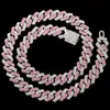 Kedjor hiphop rosa crystal 14mm rhombus prong kubansk länk kedja halsband för kvinnor full strass bana is ut juvelrychains247v