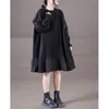 Casual Dresses Superaem Spring och Autumn Korean Löst överdimensionerad skarvning Rund hals A-Line Big Swing Black Dress for Women