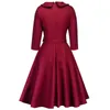 Women Elegant Spring Wine Red Party Dress Feminino Vestidos Audrey 1960s Swing Rockabilly RobeButton Belts Formal Dress225S