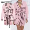 Pink Long Sweater Cardigans Runway Fashion V-Neck Long Sleeve Pocket Elegant Christmas Clothes With Sashes Sticked Outwear 2107142732