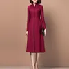 Casual Dresses Elegant Winter Wool Dress Women Slim Vintage Retro A-Line Burgundy Long Fashion Ladies Formal Business Work Wear Cl279f