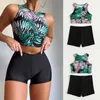 Kvinnors badkläder tryckning Tryck av midjan Swimsuit Beachwear Sunflower Romper Women Bikini Shorts för BH och kjoluppsättning