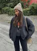 Kadın Ceketleri Gri Bombacı Ceket Kadın Uzun Kollu Stand Yakası Büyük Boy Cep Katı Sonbahar Moda Tek Kelime Kruvaze Sokak Giyim Paltolar 231013