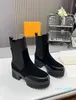 fashion Chelsea boots woman Mid length boots Black Leather Wedge Lace Up Round Head Letter Thick Heel Knight boot