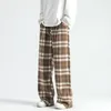 Calças masculinas vintage cor xadrez solta perna larga outono vento preguiçoso calças de lazer de perna reta masculino jogger sweatpant