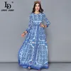 LD LINDA DELLA Neue Fashion Runway Maxi Kleider Damen Langarm Vintage Casual Chiffon Blau und weiß Gedruckt Langes Kleid L322z