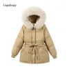 Women's Down Parkas Lagabogy 2023 Large Faux Fur Collar Women Winter Warm White Duck Jacket Female Waterproof Hooded Waist Puffer Coats 231013