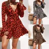 Womens Dress Summer Chiffon Dress Women Leopard Print Boho Beach Dresses Casual Ruffle Long Sleeve A-line Mini Party Dress Asian S233p