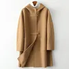 Women's Wool Blends Fashion Hooded Doublesided Cashmere Coat Women 2023 Autumn Winter Woolen Windbreakers Temperament Slim Coats 231013