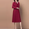 Casual Dresses Elegant Winter Wool Dress Women Slim Vintage Retro A-Line Burgundy Long Fashion Ladies Formal Business Work Wear Cl279f