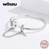 Armreif WOSTU 100% 925 Sterling Silber Herz Schlüssel Sicherheitskette Armbänder Rosa Zirkon Charm Armreif Für Frauen Silber 925 Schmuck CQB143 231013