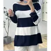 Women's T Shirts 2023 Spring and Summer One Word Collar Striped Loose Silk Long-Sleeved T-shirt damer tunna stickade toppar