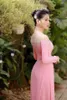 Etnik Giyim Pembe Aodai Vietnam Cheongsam Elbise Vietnam Geleneksel olarak 2 PC uzunluğunda Modern