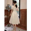 Party Dresses White Simple Evening Gown Women Square Neck Bubble Sleeve Pleated A-Line Cocktail Dress Korean Elegant Classic Prom