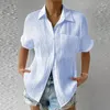 Blusas femininas moda cor sólida manga curta camisa feminina listrado simples turn-down único breasted topos solto causal vintage ruched