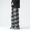 Calças masculinas vintage cor xadrez solta perna larga outono vento preguiçoso calças de lazer de perna reta masculino jogger sweatpant