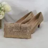 Klänningskor Champagne Crystal Wedding Bridal med matchande väskor Kvinna Fashion Open Toe Thick Heels Women Party Ankle Strap