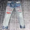 Falection Mens 22SS Red Bandanna Jeans Patch Panted Pants Motocycle Rockstar Jean290b