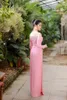 Etniska kläder rosa aodai Vietnam cheongsam klänning vietnamesiska traditionellt 2 st långa ärmar moderna