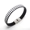 Bangle Personalised Braided Embossed Faux Leather Bracelet Black And White Grid With Secure Stainless Steel Removable Clasp