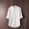 Helisopus ternos tang masculinos algodão linho 3 4 manga gola mandarim retro han custume camisas chinês kung fu tamanho asiático masculino t1734