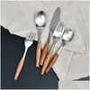 Dinnerware Sets Stainless Steel Cutlery Wooden Handle Dinner Fork Dessert Spoon Knife Coffee Teaspoon Fruit Forks Kitchen Tableware Dr Dhzw5