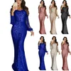 Casual Dresses Sexy V Neck Mermaid Party Dress Long Formal Partywear Mante Female Sleeve Shine Solid Slim Woman Maxi257T