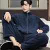 Men's Sleepwear Winter Men Pajamas Sets Coral Fleece Homewear Suits Thicken Velvet Warm Stand Collar Nightgown Casual Home Clothes