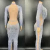 Sahne Giyim Seksi Gümüş Parlayan Pullar Crystal Rhinestones Çıplak Kadın Fermuar Tassel Elbise Akşam Yiydi Partisi Doğum Günü Kostüm
