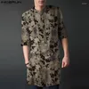 Etnische Kleding Mannen Moslim Shirt Afdrukken Stand Kraag Retro Lange Mouw Vintage Islamitische Arabische Kaftan 2023 Casual Mannelijke INCERUN