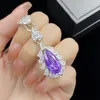 Femmes Bijoux de mariage ensemble Light Purple Imitation Amethyst Water Drop Drophed Zircon Diamond Open Ring Pendant Collier Oreurs Girl Girlfriend Party Birthday