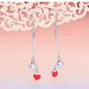 REAL 925 Sterling Silver Tiny Heart Earrings Hanging Chain Minimal Red Danging Earing Brincos Perola Pendientes SE058 Hoop Huggi292v