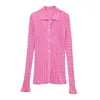 Damenblusen 2023 Rosa gestricktes Hemd Button-Up-Hemden für Frauen Langarm und Damen-Sommer-Top mit Kragen