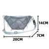 Saco de cintura s pacote azul corrente de metal pingente alça larga senhoras ombro xadrez denim padrão couro do plutônio feminino crossbody saco 231013