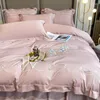 Conjuntos de cama Pasta de Feijão Rosa Bordado Conjunto de Algodão Conjunto de Duveta Linho Lençol Fronhas Home Têxtil