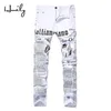 Hmily high street mode mens jeans nattklubb vit färg personlig designer tryckt jeans män punk byxor mager hip hop jeans x0221e