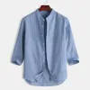 Men's T-Shirts Casual Stand Summer Top Sleeve Button Shirt 7 Cotton Striped Points Collar Blouse Mens2207