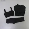 Set attivi Set da yoga a costine senza cuciture Set da allenamento per donna 5 pezzi Tute da palestra Canotta corta Pantaloncini a vita alta Completi Fitness CorsaL231014