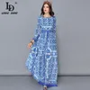 LD LINDA DELLA Neue Fashion Runway Maxi Kleider Damen Langarm Vintage Casual Chiffon Blau und weiß Gedruckt Langes Kleid L322z