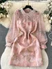 Basic Casual Dresses Summer Runway Pink Mesh Lace Stitching Jacquard Short Dress Women's Puff Sleeve Embroidery Ruffles Elegant Dress Vestidos 2024