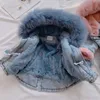 Para baixo casaco 2023 inverno bebê menina denim jaqueta mais veludo pele real quente criança menina outerwear casaco 4-12 anos crianças infantil menina parka j231013