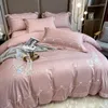 Conjuntos de cama Pasta de Feijão Rosa Bordado Conjunto de Algodão Conjunto de Duveta Linho Lençol Fronhas Home Têxtil