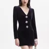 2023 Autumn/Winter Classic Style V-neck Rhinestone Button Long Sleeve Wrap Hip Dress Black Velvet Velvet Dress