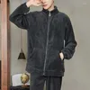 Men's Sleepwear Winter Men Pajamas Sets Coral Fleece Homewear Suits Thicken Velvet Warm Stand Collar Nightgown Casual Home Clothes