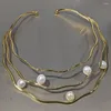 Choker Gorgeous Charming Hand Make Three Layers Pearl Women Real Gold Plated Open Size Fashion Boho Accessories Necklace
