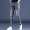 Jeans pour hommes élégant luxe style coréen mince décontracté imprimé ajustement doux denim gris pantalon de cowboy pour hommes brodés