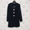 2023 Autumn/Winter Classic Style V-neck Rhinestone Button Long Sleeve Wrap Hip Dress Black Velvet Velvet Dress