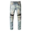 Jeans da uomo 2021 Vintage Punk Impiombato Uomini Cerniera Pieghettato Designer Per Motorcyle Blu Streetwear Pantaloni Indossati Pantaloni227J