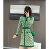 2022新しい春のファッション女性用Oネック長袖グリーンカラープリントパターンハイウエストAラインニットドレスSMLXL297E